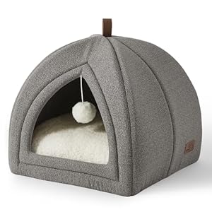 Bedsure Cat Beds for Indoor – 2 in 1 Cat Cave House Tent for Kittens and Small Pets with Removable Washable Cushioned Pillow, Foldable Kitten Hideaway with Non-Slip Bottom, Grey, 16 inches