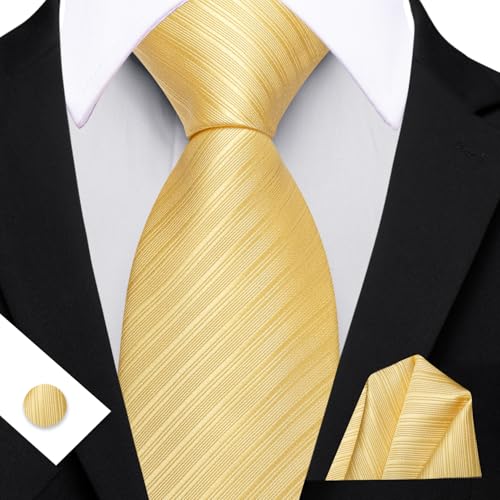 Image of Barry.Wang Solid Striped Tie for Men Silk Necktie Pocket Square Cufflinks Formal Wedding Party Business