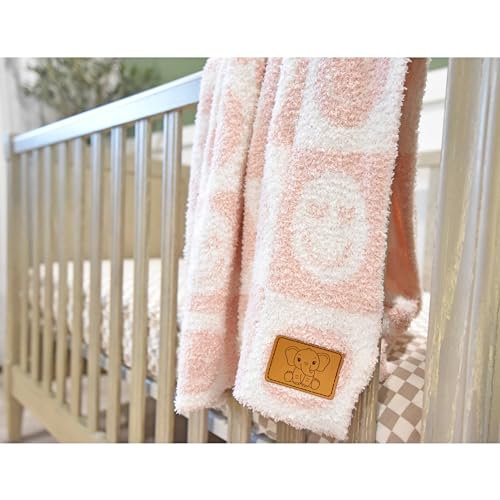 Image of L+L USA Checkered Smiley Face Baby Blanket 28 inchx40 inch - DreamSoft Knit Throw for Crib, Stroller or Car Seat Blanket /Newborn Nursery Gift Essential for Toddler, Infant, Kids, Boys & Girls (Pink /White)