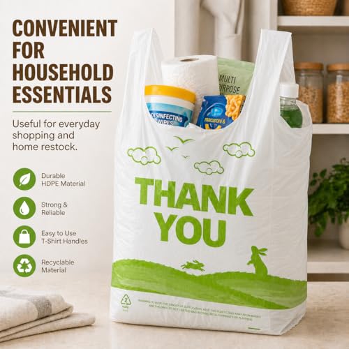 Image of YoYoRain 300 Count White Thank You T-Shirt Bags, 11 x 6 x 21 in | Durable HDPE with handles, Thank You print, disposable carryout sacks for grocery, retail and takeout