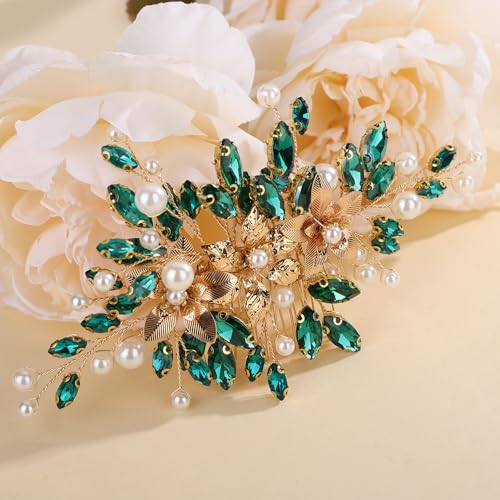 Rumtock Green Rhinestones Beads Hair Piece for Wedding Brides Bridesmaid Pearl Handmade Hair Comb for Women (Green)