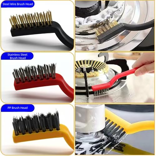 Image of Wire Brush Set, 9-Piece, for Removing Weld slag, Rust and dust. Wire Cleaning Brushes comprise Three Different Sizes, Featuring Brass, Nylon and Stainless Steel Bristle Heads respectively,Colour