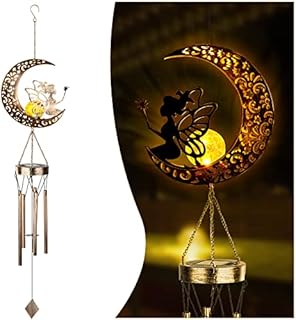 Heipen Solar Wind Chimes for Garden - Metal Fairy Sitting on Moon Solar Lights for Garden Ornaments Outdoor, Waterproof Metal Hanging Solar Lights for Patio Deck Lawns Yard Patio (Moon)