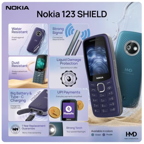 Image of Nokia 123 Shield 2G Keypad Mobile Phone | Water Resistant| Dust Resistant | Strong Signal| PhonePe| Long Lasting Battery | Strong Torch | 1‑Year Replacement Guarantee | Type-C Charging | Green