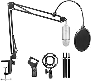 Microphone Boom Arm Stand, Mic Stand Suspension Scissor Boom Stands, Mic Boom Arm with Shock Mount, Adjustable Suspension Arm with Mic Clip for Blue Yeti Snowball, Radio Broadcasting and Recording