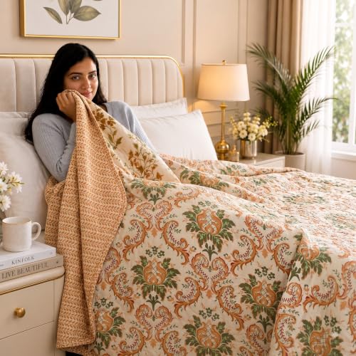 Image of IVAZA Luxury Ultrasonic Punch AC Comforter Blanket - Quilted Microfiber Floral Pattern, Lightweight Breathable All‑Season Blanket for Bedroom, Travel (Single Bed,228x152 CM) Celadon Floral