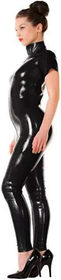 FASHION QUEEN Plus Size Latex Short Sleeve Catsuit Open Crotch Lady PVC Jumpsuit M,Black