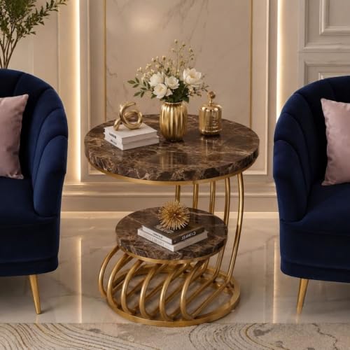 Image of Modern Double-Top Coffee Table with Rustic Farmhouse Accent, Multipurpose Living Room Bedroom, Two-Tier Small Sofa Side Bedside Table with Metal Frame Nightstand (Brown Gold Mg)
