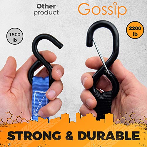 Gossip Ratchet Tie Down Straps – 15 Ft Long - Upgraded 2200 Lb Break Strength – 4 Pk Black Motorcycle & Powersports Tie-Downs & Soft Loops, Vinyl Coated Full Bent Closed S-Hook & Rubber Handle #TOP1
