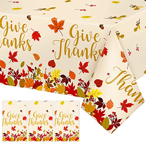 3 Pieces Fall Leaf Tablecovers for Thanksgiving Party Decorations Give Thanks Tablecloths Plastic Waterproof Table Covering Autumn Leaves Fall Decor for Kitchen Dining Room Party Supply, 108 x 54 Inch