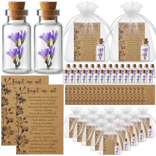 Gandeer 50 Set Funeral Favors, Mini Glass Bottles with Forget-me-not Dried Flowers, Sympathy Cards and Gift Bags, Memorial Gift Set for Guest Remembrance Keepsakes Celebration of Life Favors