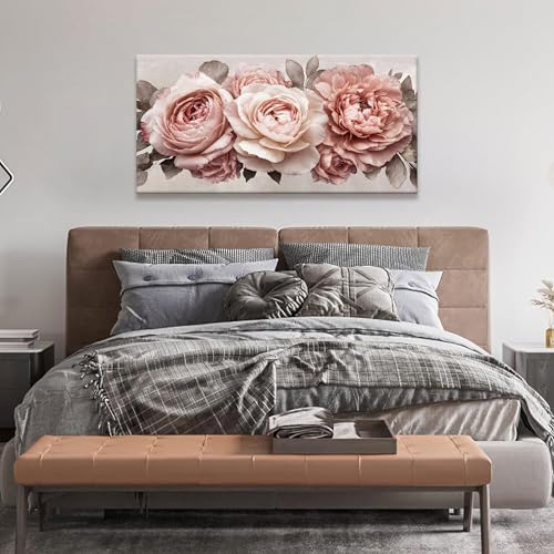 Image of TAIJXAGSG Canvas Art Wall Decor Pink Flowers Print Paintings Flower White Wall Art Prints Ready To Hang For Bathroom Bedroom Kitchen Office Home Aesthetic Decoration Artwork 20 inch x 40 inch