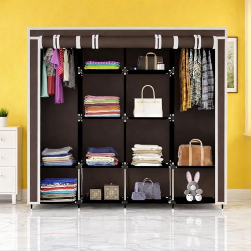 Image of Whitecloud 12-Shelf Collapsible Wardrobe | Portable Foldable Almirah with Fancy Layer Racks | Brown Cloth Storage Cupboard with Plastic Frame Organizer (Model 88370)