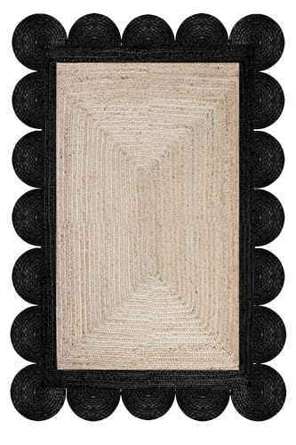 CASAVANI Braided Scalloped Edge Rug, Natural Jute Fiber Area Rug, 8x10 Ft Beige & Black Woven Flatweave Kilim Rug for Indoor, Outdoor, Living Room, Bedroom, Entryway, Farmhouse