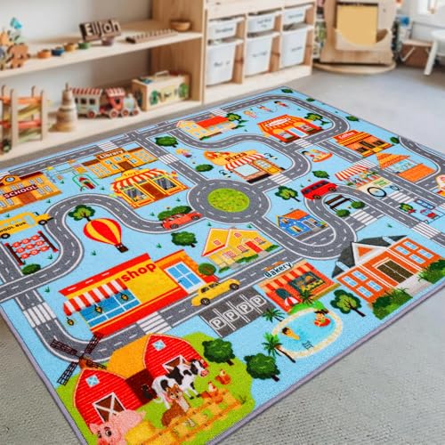 DINSUMRUG Kids Carpet Playmat Rug, Car Play Mat Carpet, Extra Non-Slip Traffic Road Rug for Kids, City Map Educational Car Mat for Playroom Boys Bedroom Classroom (150X100 CM, Blue Sky)