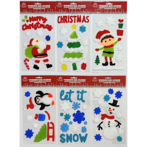 Christmas Window Gel Clings Stickers for Glass & Mirrors, 6 Reusable Sheets