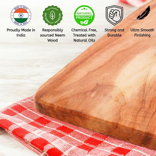 Image of 100% Natural Neem Wood Chopping /Cutting Board for Kitchen -Chef Knife Included- Anti-Bacterial - Reversible - No Polish /No Dyes - Natural Color & Finish with Mineral Oils - Multi Block