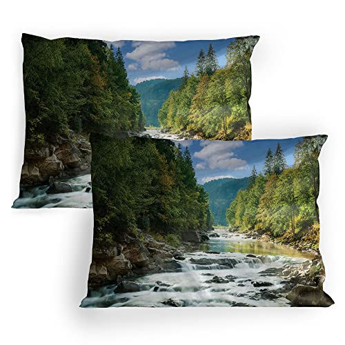 Lunarable River Pillow Sham Set of 2, Natural Scenic View of Mountain River with a Waterfall Among Green Verdant, Quality Microfiber Bedding Item for All Seasons, 30" x 20", Blue Green Cocoa
