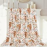 JarThenaAMCS Floral Highland Cow Fuzzy Flannel Blanket 60 x 50 Inch Farmhouse Throw Blanket Watercolor Flower Cow Blankets for Home Chair Sofa Couch Bed