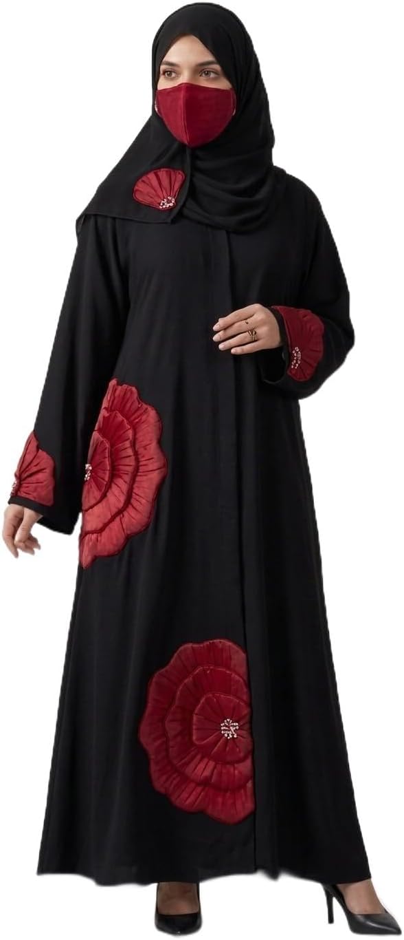 Women’s Black Modest Abaya with 3 Different Color Floral Accents set with Hijab