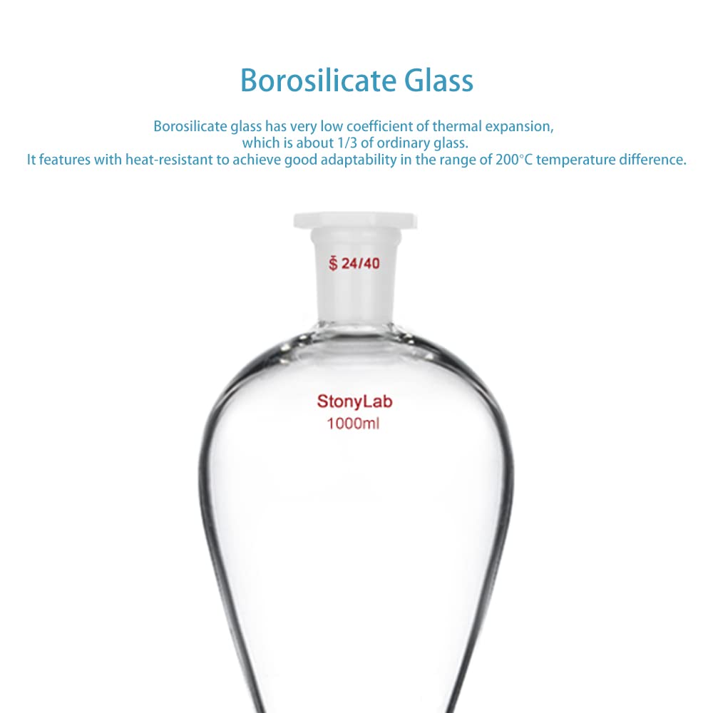 stonylab Scheidetrichter Glas, 1000 ml Separatorentrichter mit PTFE-Absperrhahn Konischer Birnenförmiger Schwerwandiger Borosilikatglas Trenntrichter mit 24/40 Fugen