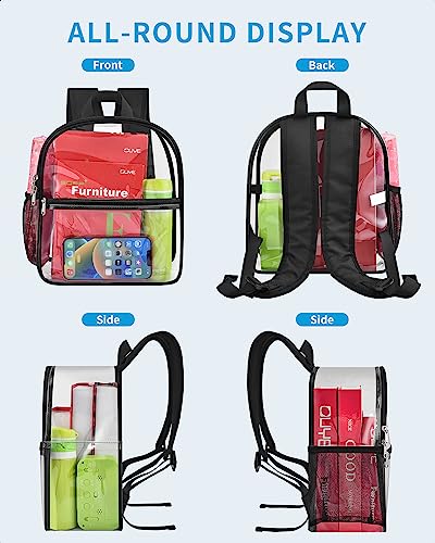 paxiland clear backpack stadium approved 12126 with reinforced and wider shoulder straps small clear bag for schools concerts work festivals and sporting events - black