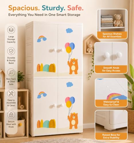 Image of HIWARE Premium Modular Wardrobe for Bedroom, Kids Room and Home | Spacious Clothes Storage Cabinet with Drawers and Shelves | Modern Stylish Design, Heavy Duty, Multiuse Organizer- SJ6529-Balloon-Bear