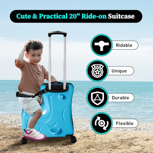 20" Kids Ride on Suitcase, Childrens Travel Trolley Luggage with Combination Lock/Safety Belt/Telescoping Handle for Kids Aged 3-6 Years Old (Blue)2