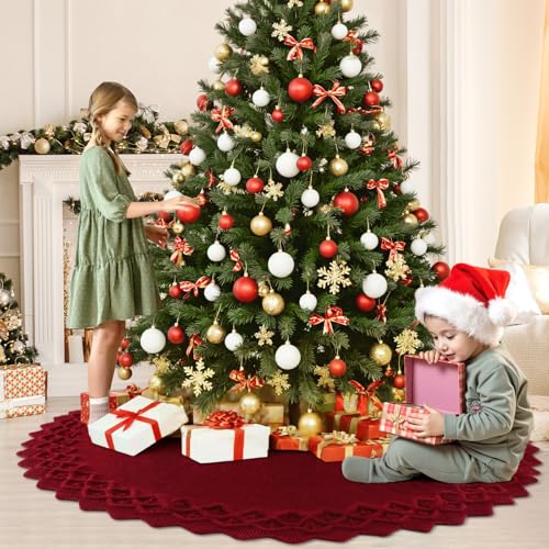 KHOYIME Red Knitted Christmas Tree Skirt 48 Inches Rustic Vintage Large Xmas Tree Mat, Chunky Thick Knit Boho Under Tree Rug Skirt Farmhouse Decorations for Indoor Holiday New Year Home Party Decor by KHOYIME - Image 6