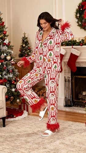 Image of Women Silk Pajamas Set Satin Long Sleeve Feather Trim 2PCS Loungwear | Christmas Button Down Shirts Long Pants 2PCS Xmas Christmas Sleepwear