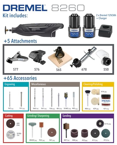 Dremel 8260 Cordless Rotary Tool, 12V 3Ah Lithium-Ion Battery - Multi Tool Kit with 65 Accessories + 5 Attachments, Brushless Motor, Electronic Feedback, Variable Speed 5.000-30.000 RPM, Bluetooth 2 Dremel 8260 Cordless Rotary Tool, 12V 3Ah Lithium-Ion Battery - Multi Tool Kit with 65 Accessories + 5 Attachments, Brushless Motor, Electronic Feedback, Variable Speed 5.000-30.000 RPM, Bluetooth - Image 2