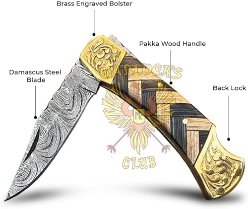 Miniatura 2 de WARLOCKS CLUB Cuchillo de bolsillo de Damasco hecho a mano con funda, cuchillo de caza plegable de 7 pulgadas con mango de madera, pequeño cuchillo