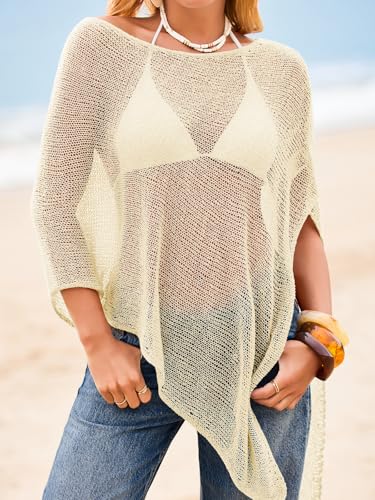 Image of Saodimallsu Womens Sheer Beach Cover Ups Crochet Mesh Poncho Top Dresses