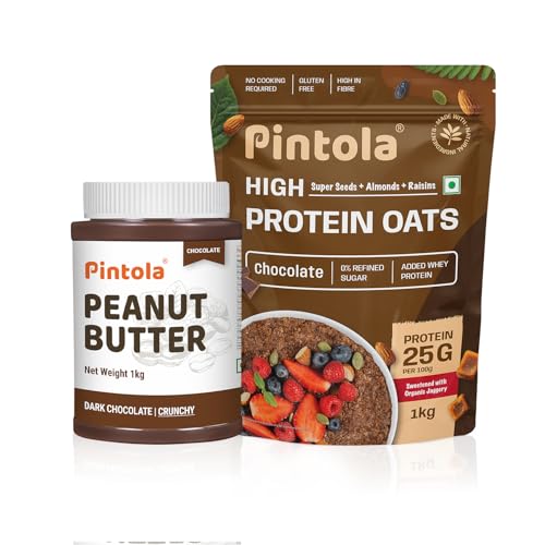 Image of Pintola Indulgent Protein Combo: Chocolate Crunchy Peanut Butter 1kg & 22g High Protein Dark Chocolate Oats 1kg | No Refined Sugar, Gluten-Free | With Almonds, Raisins, Pumpkin & Chia Seeds | 8g Fibre