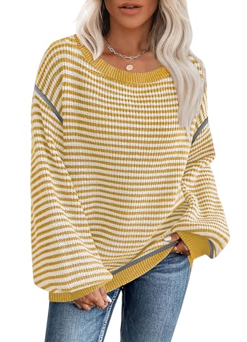 Soesdemo Womens Oversized Sweater Off Shoulder Chunky Long Sleeve Unique Knitted Pullover Sweaters Yellow/White Striped S