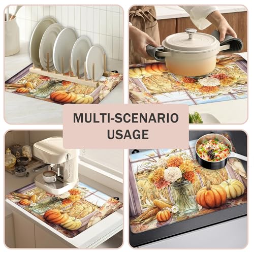 Image of Vintage Flower Vases Pumpkins Stove Top Covers Pad 28 x 20 inches Dish Drying Mat Coffee Bar Mats Kitchen Decor Absorbent Pad Fit Coffee Maker Machine Dish Drying