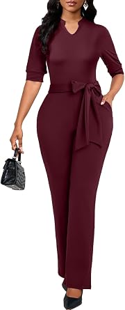 Jumpsuits for Women Dressy Formal Elegant Round Neck Half Sleeve Wide Leg Long Pants Rompers Business Casual Outfits