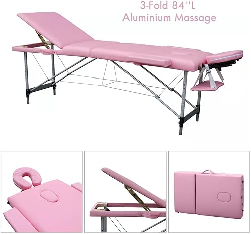 Miniatura 4 de Mesa de masaje portátil de 84 pulgadas, 3 marcos de aluminio plegables de 84 pulgadas, cama de belleza ligera para spa, cama de spa ajustable (rosa)