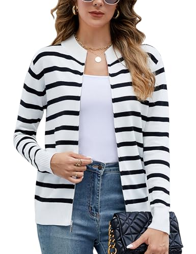 Totatuit Zip Up Striped Cardigan Sweaters for Women Lady Lightweight Jackets Fall Outfits for Women 2024 White Black Medium