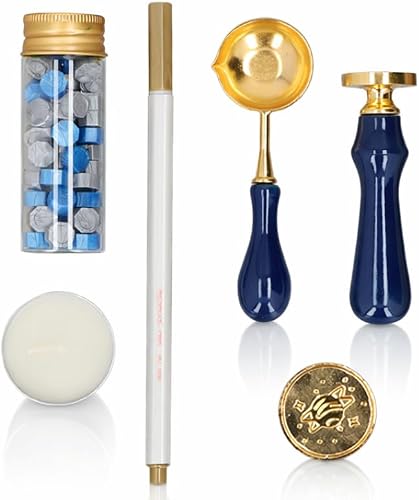 Wax Seal Stamp Kit, Complete Set with Wooden Handle, Metal Spoon, Wax Beads, Tealight Candles, Metallic Pen, Gift Box, for Envelopes and Invitations