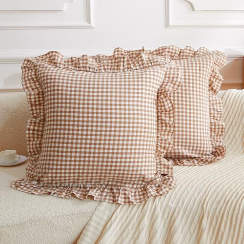 Taupe and White Plaid Euro Pillow Shams Ruffle Pillowcases Set of 2, Checkered Pillow Cover Washed Cotton Gingham Pillow Covers - 26"x26",Taupe/White Plaid