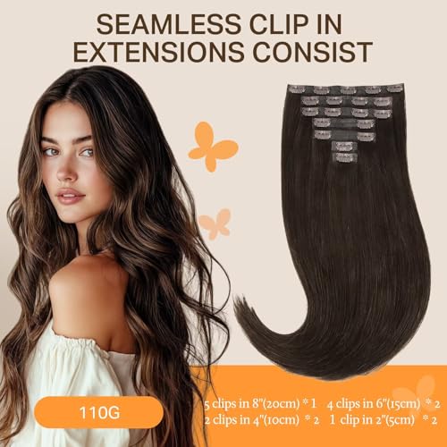 Image of DOORES Real Human Hair Extensions, Light Dark Brown, 16 Inch 110g 7pcs, Clip in, Seamless, Remy, Invisi Edge, Straight