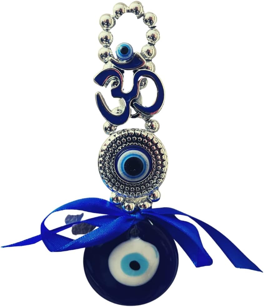 GJ OM Evil Eye Hanging for Home & Car | for Good Luck & Prosperity - Blue & Silver Glass Nazar Battu Car Hanging Ornament Decorative Gift Item | Positive Energy Decor (Design 2, 7x2x16 cm)