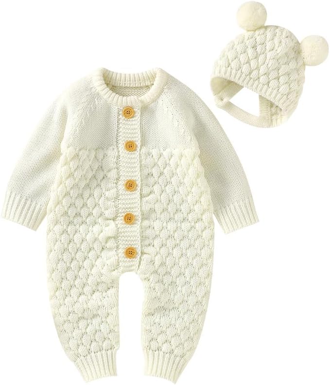 Wugugu Baby Boy Girl Sweater Romper Knit Button Down Long sleeve Jumpsuit Outfit Fall Winter Clothes for Newborn Infant 12-18 Months Off-white