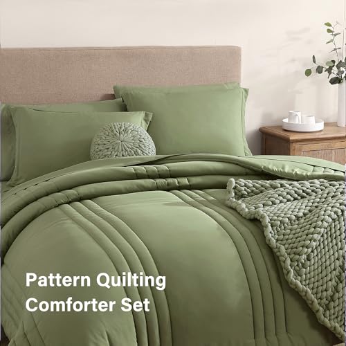 Image of Monbix Full Size Comforter Sets - 7 Pieces Light Sage Green Bed in a Bag Full Size Bedding Sets with Comforters, All Seasons Comforter with Sheets, Pillowcases & Shams