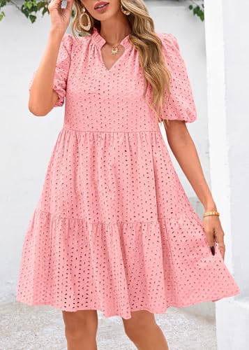 Image of KIRUNDO Eyelet Summer Dresses for Women 2026 Mini Casual Hollow Out Short Sleeve Lace Tiered V Neck Shift Dress Pockets