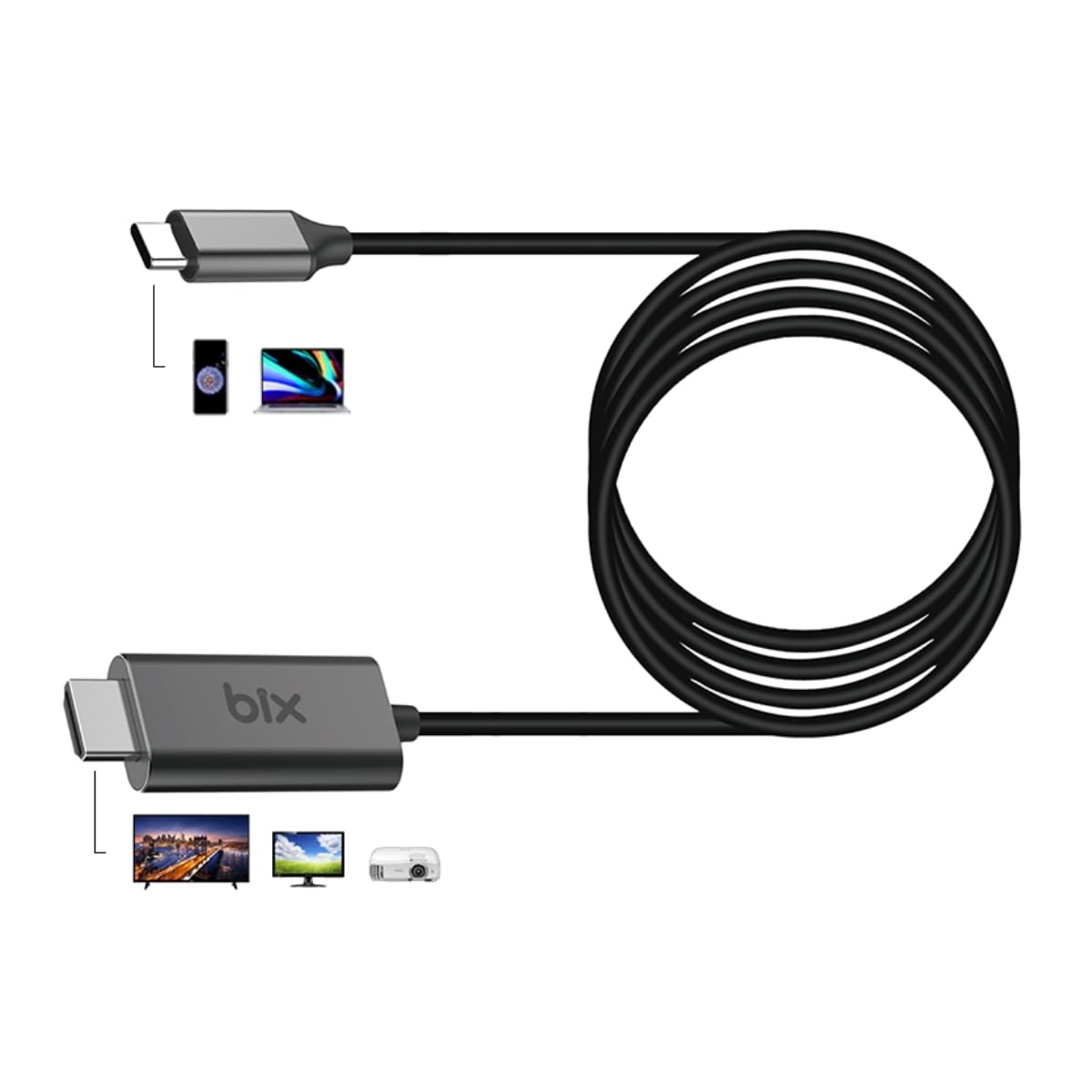 Bix BX02HB USB-C to 4K@30Hz HDMI Kablo 1.8 metre Windows Mac Android Uyumlu HDCP Destekli Gri