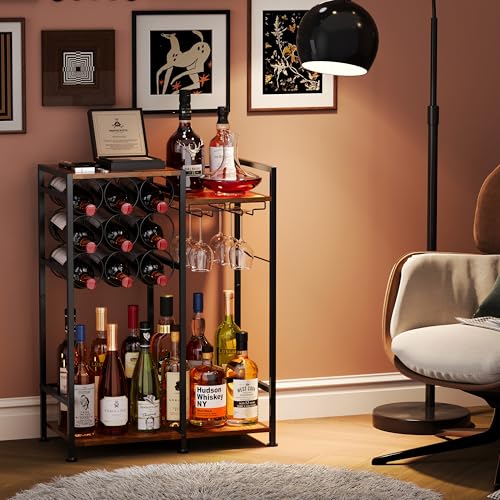 Freestanding Liquor Cabinet with 9-Bottle for Home Bar, Versatile Wine Rack Freestanding Floor with Glass Holder and Fences, Mini Bar Table Liquor Whiskey Display Large-Capacity Corner Wine Cabinet