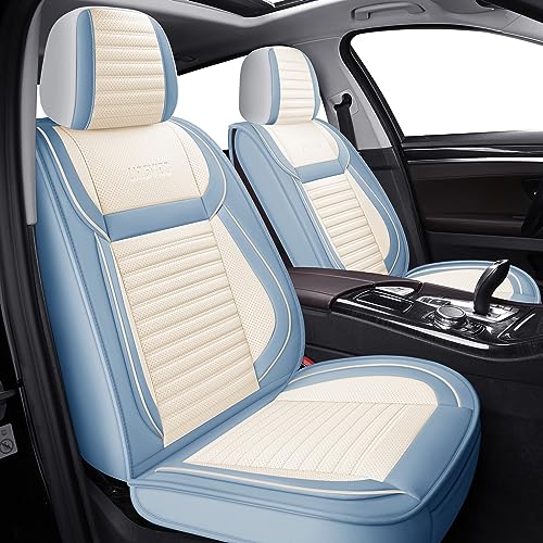 LINGVIDO Car Seat Covers Front Pair Faux Nappa Leather Seat Protectors for Most Cars & SUVs Fits Honda Accord CRV Toyota Camry 30-Minute No-Tool Install Fresh-Sealed (White-Light Blue)
