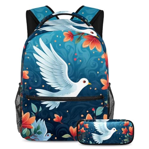 Cartable grande capacité avec trousse de l'école aux voyages motif colombes de la paix